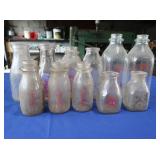 11 Sanitary Dairy Glass Bottles, 1/2pt, pt, qt
