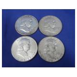 4 Franklin Silver Half Dollars-90%