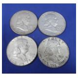 4 Franklin Silver Half Dollars-90%