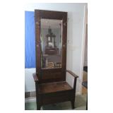 Antique Oak Hall Tree w/Hooks&Storage Bench,Some