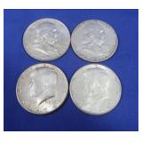 4 Silver Half Dollars(2 Kennedy,2 Franklin)90%