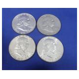 4 Franklin Silver Half Dollars-90%