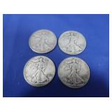 4 Walking Liberty Silver Half Dollars-90%