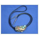 Sterling Navajo Bolo Tie Bear Claw-Turquoise&Coral