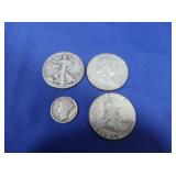 2 Franklin Half Dollars,1 Liberty Half,1938-D Merc