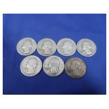 7 Washington Silver Quarters-90%