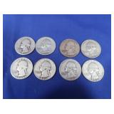 8 Washington Silver Quarters-90%