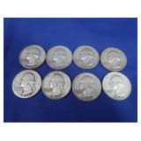 8 Washington Silver Quarters-90%