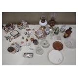 Misc. lot of figurines, oil lamps, donkey