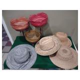 Bamboo stand with basket holders, straw hats