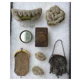 Mesh purses, beaded appliqués, match vase etc
