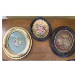 3 oval frames w/ floral painting/cross stitch