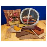 Wool fabric, artisan pillow (needs mending), etc