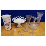 Cut glass vase, Milk glass compote, etc