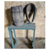 Nail keg, horse collar, table