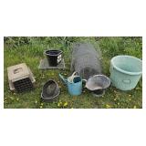 Pet carrier, buckets, table, fence
