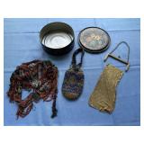 Hand-painted antique tin with beaded purses &