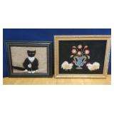 2 folksy wool pictures - cat & roosters w/ flowers