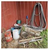 Buckets, chicken feeder, garden hose