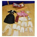 Doll clothes, bed & porcelain doll, etc