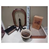 Box lot of plate stands, pottery planner,  a