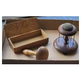 Victorian pincushion, sock darner, and Flemish