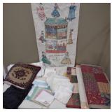 Box of linens, small Persian rug, hankies , sm
