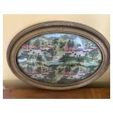 Bowed glass frame w/Grandma Moses scene