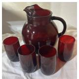 1950ï¿½s Ruby Red Pitcher with 4 glasses