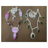2- .925 Signed Necklaces Green, Pink And Brown