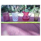 Cranberry glass pitcher, glass etc