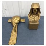 Plaster plaque Jesus on the Cross & statue of Mary