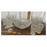 pressed glass bowl, 6 tumblers and 5 Stemmed