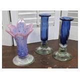 Art glass candlesticks and vase