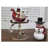 Heavy art glass snowman & metal rocking snowman