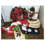 Christmas wreath, tree skirt, stocking, ornaments