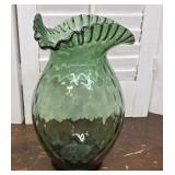 Green ruffled top art glass vase