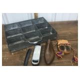 Metal drawer, comb, brush, shoe form, leather &