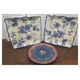 3 decorative plates - 2 sq blue & white & 1 Vera