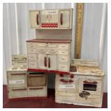 3 Tin Vintage Toy Kitchen Stoves And Cabinet