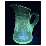 Large cut glass water pitcher  - Glows green
