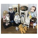 Dolls, stuffed animals, doll stands, chairs etc