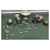 Box of misc silverware, compote, butter dish, and