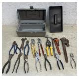 Tool Box w/ Pipe Wrenches, Pliers etc.
