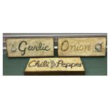 3 wooden signs Garlic, Onion, Chili Pepper