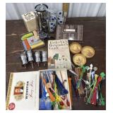 Barware items, book, Bar aid mix drink tin caddy,
