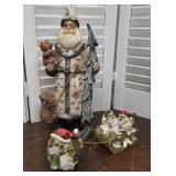 Birch bark looking Santa & cute birds sledding -
