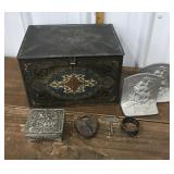 Metal boxes, book ends, pad lock, napkin ring,