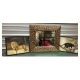 Leopard mirror and 2 animal prints