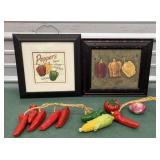 Peppers - 2 signs & hanging porcelain hot peppers